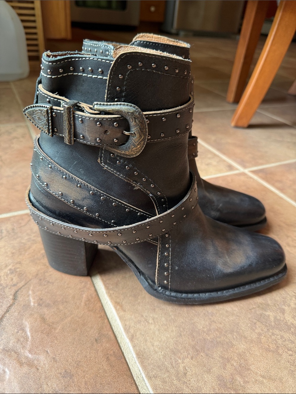 Freebird Women's Black Studded Leather Ankle Boots with Buckle side zip 9